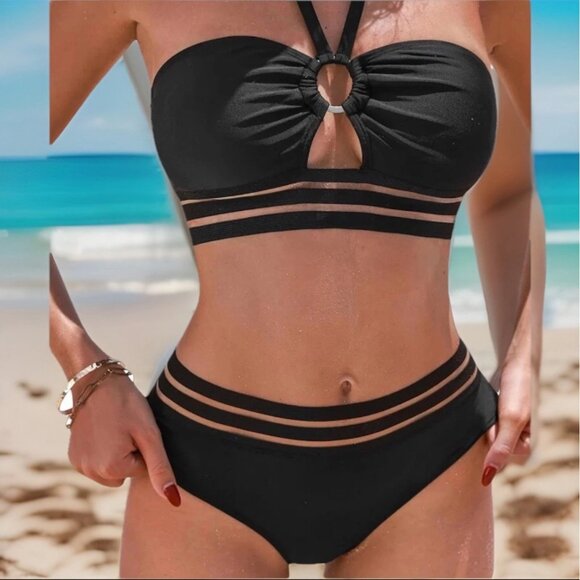 Cupshe Women 2PC Black Bikini Swimsuit L Halter Neck O Ring Cutout High Waist - Picture 3 of 8
